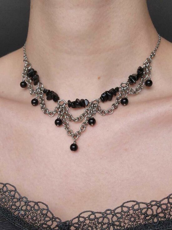 Handmade Jewelry - Gothic silver chandelier necklace with black obsidians
